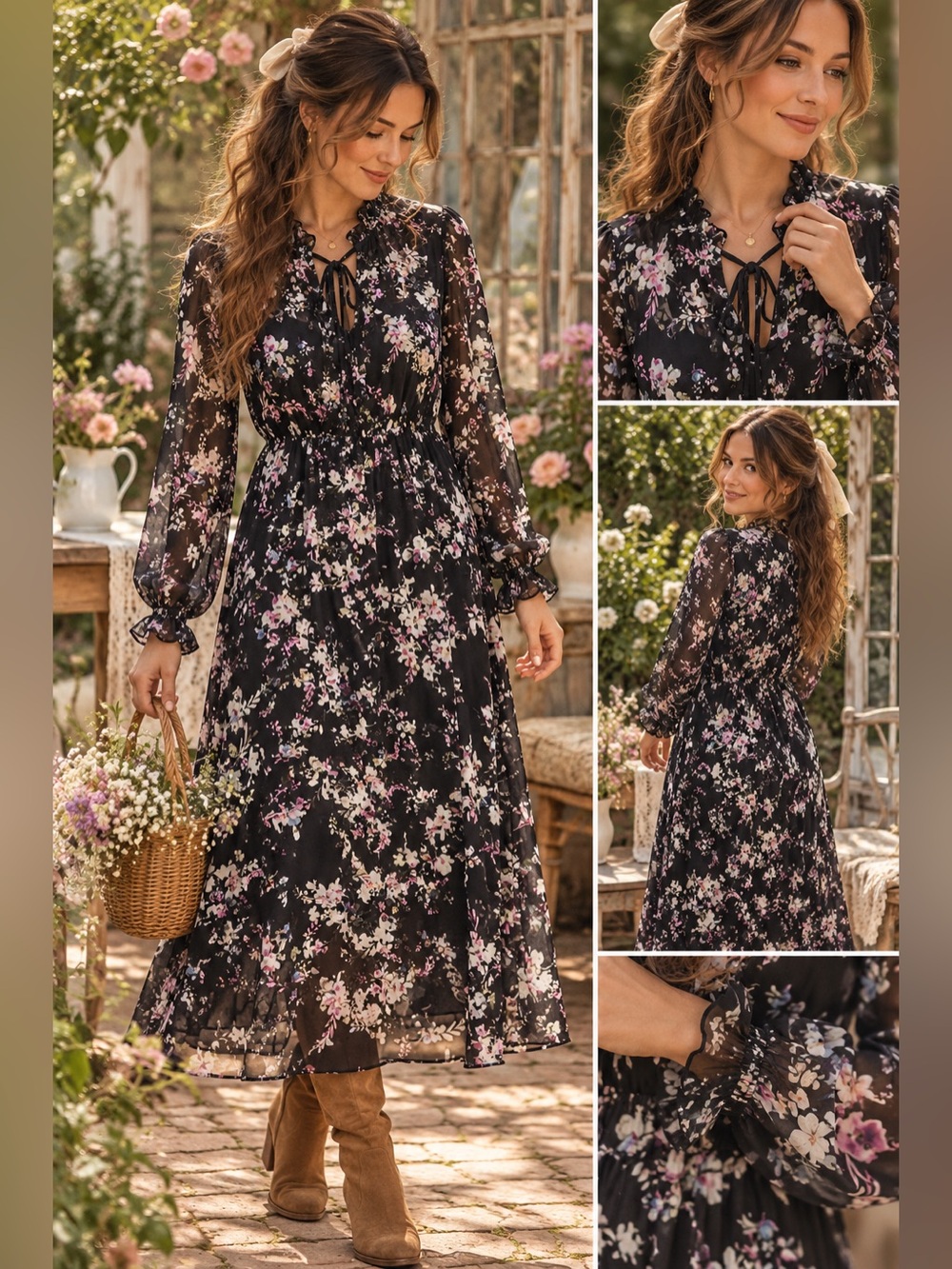 Long Tall Sally Floral Sheer Midi Dress – UK 12 / US 8 Dark Romantic Cottagecore